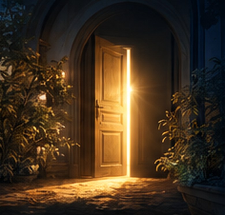 Porta em arco se abrindo com luz dourada